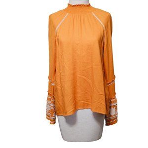 Rocks&Indigo embroidered hippie top size Small bell sleeve high neck boho Orange